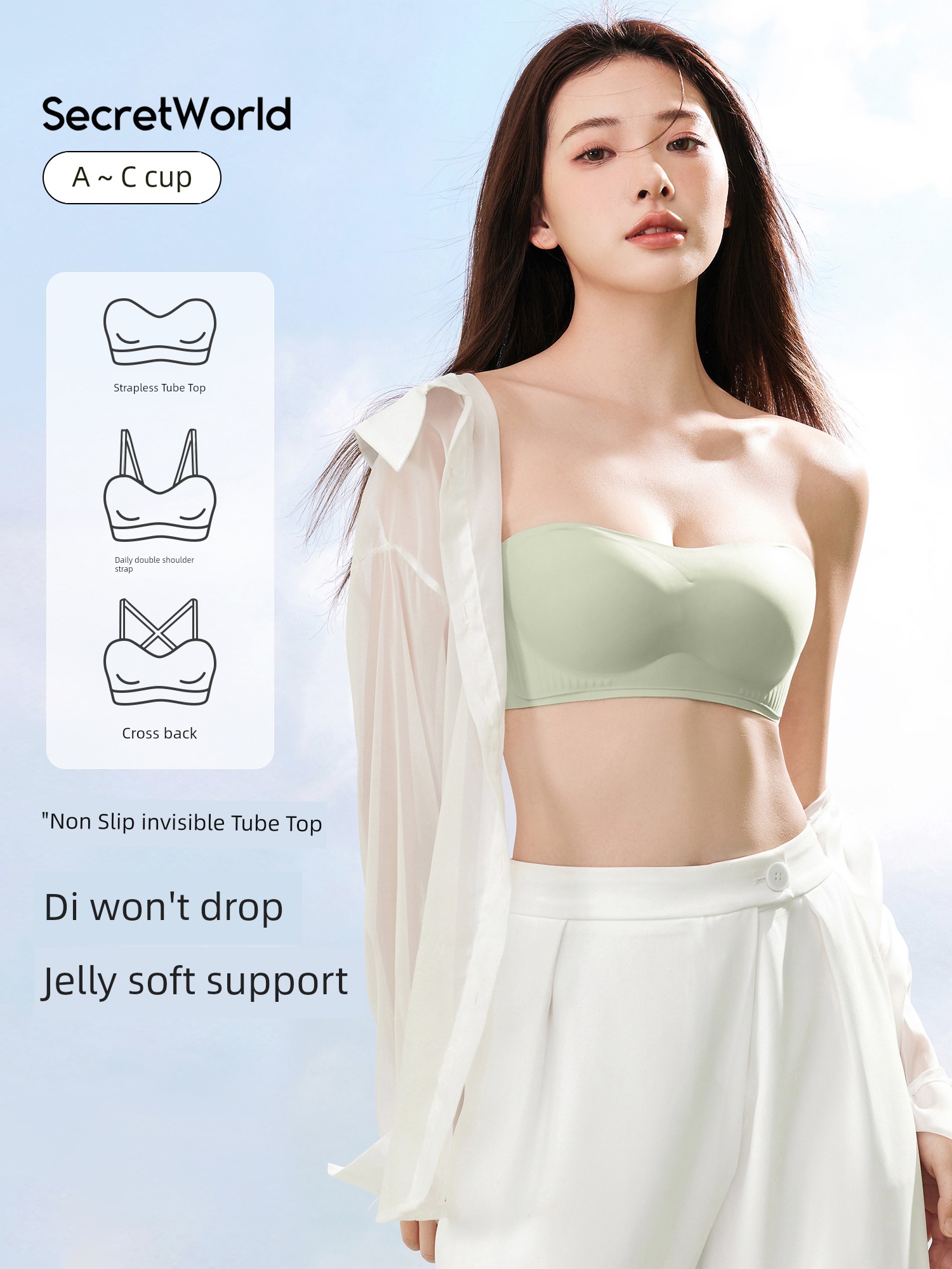 Secretworld Strapless Intimates Women Push up Small Size Non-Slip No Heel Slippage Bandeau Thin Invisible Seamless Bras