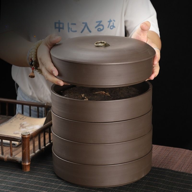 Purple Sand Pu'er Tea Tea Cake Storage Tank Tea Pot Ceramic Large Tea Storage Pot Single Cake Five Cake Storage Box Retro Tea Box