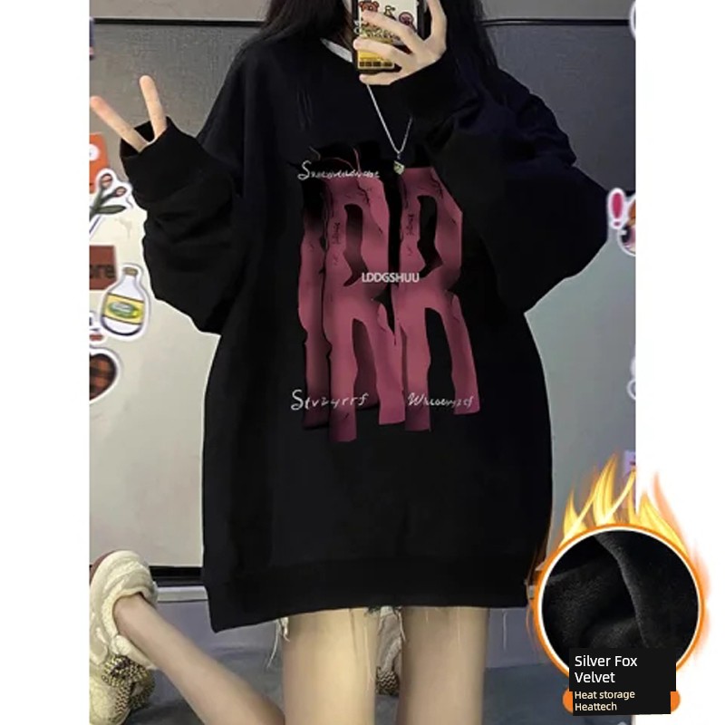 Plus Size American Retro Niche Style Sweatshirt Women's 2024 Autumn and Winter Thin Fleece-lined Oversize Loose Tops Trendy