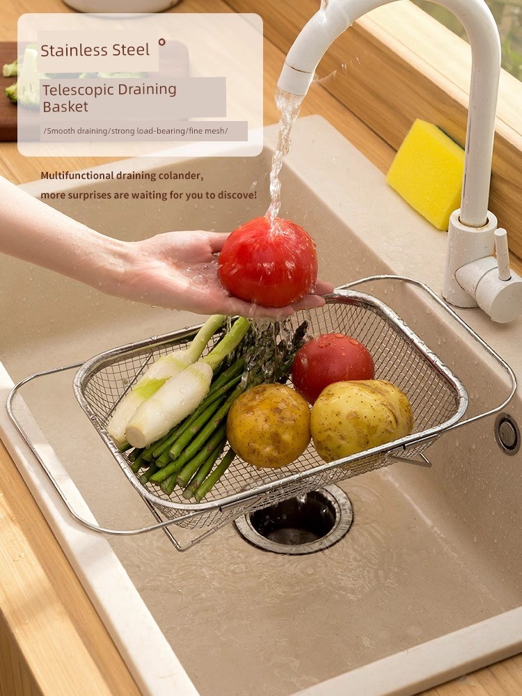 Adjustable Drain Basket Stainless Steel Vegetable Washing Basin Kitchen For Home Sink Multi-Functional Storage Rack Sink Drain Dish Rack