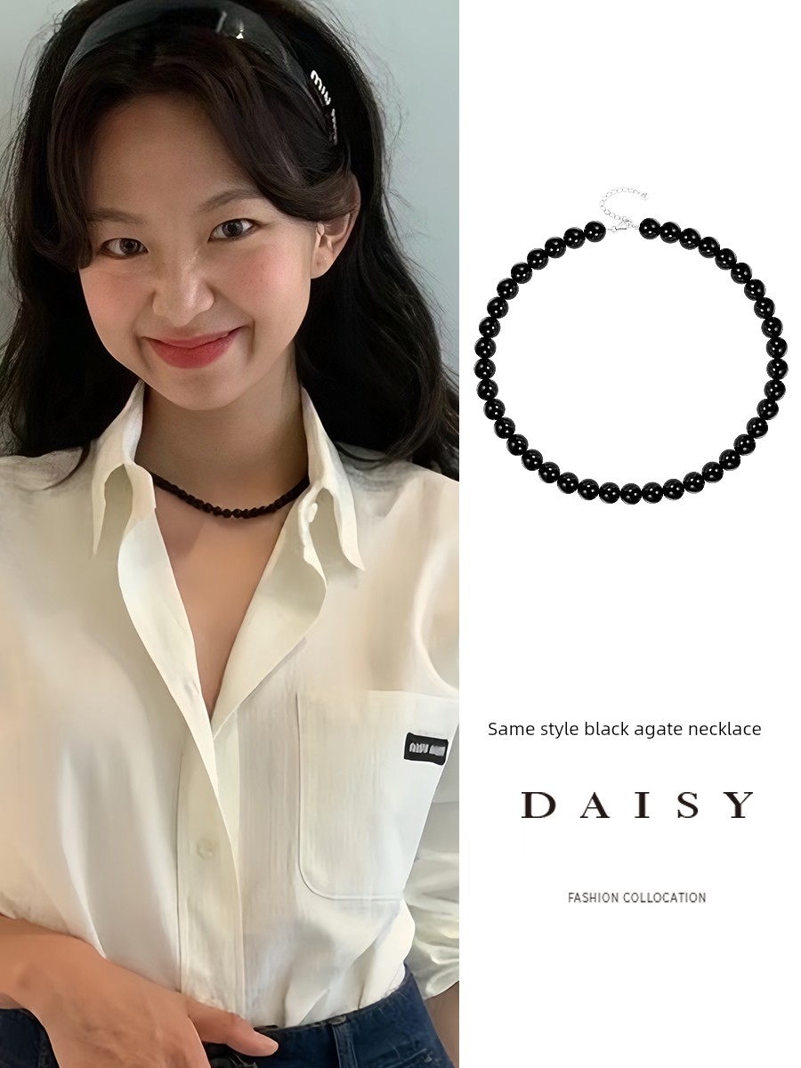 Fever Same Style 925 Sterling Silver Black Onyx Necklace Women's Dark Fancy Accessible Luxury Beaded Clavicle Chain Hot Selling Necklace