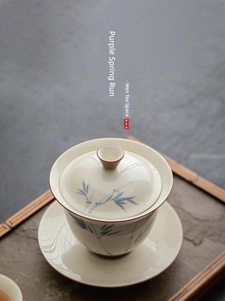 Jojo's L. Pd. Ziquan Stream. Grass and Wood Gray Hand Painted Gaiwan Underglaze Color Blue and White Junzhu Tea | Qizao