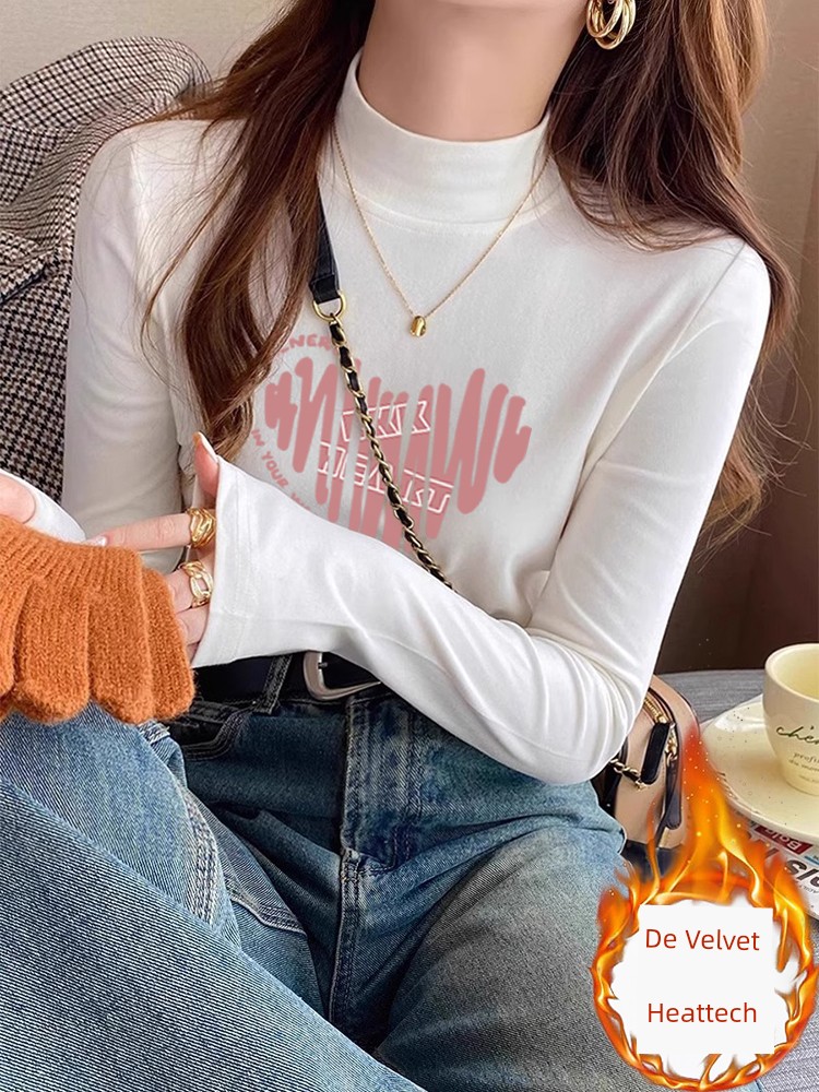 Dralon Half Turtleneck Bottoming Shirt Women 2025 Autumn and Winter Long Sleeve T-shirt Women Fleece-lined Thickened Inner Wear Western Style Warm Tops