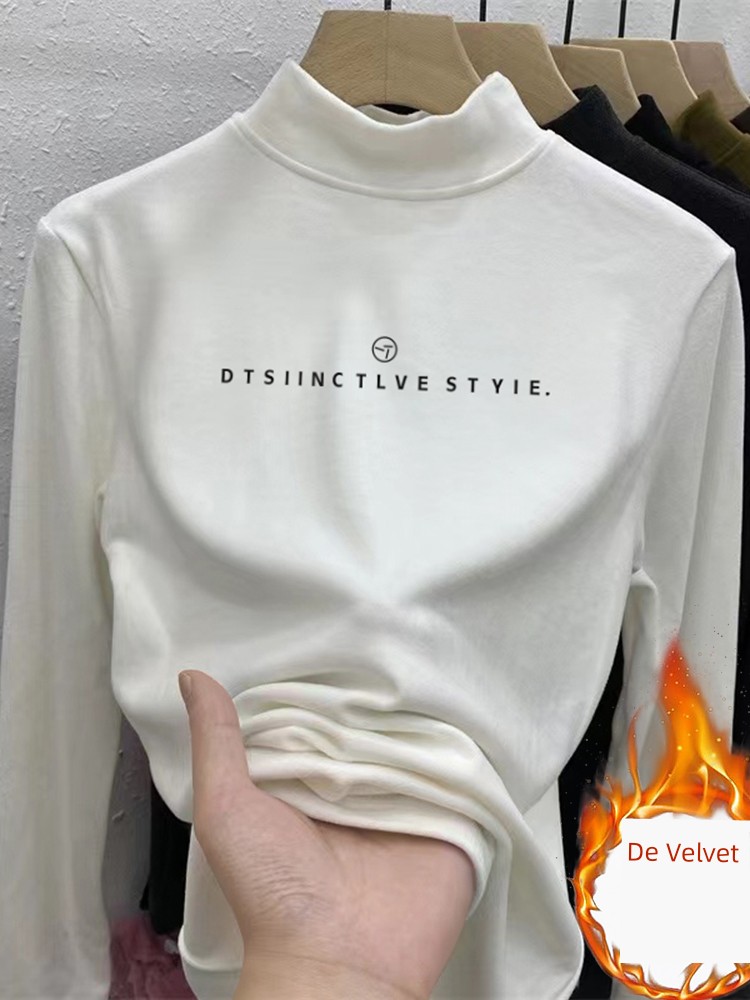 Double-Sided Dralon Half-High Collar Long Sleeves T-Shirt Women's Autumn and Winter Age Reduction Thickened Keep Warm Inner Match Western Style Shirt Tops