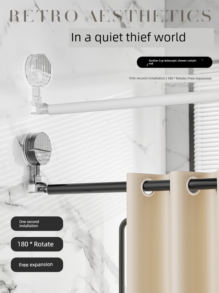 Suction Cup Retractable Shower Curtain Rod Bathroom Thickened Shower Curtain Waterproof Mildew-Proof Punch-Free Bathroom Partition Curtains Curtains