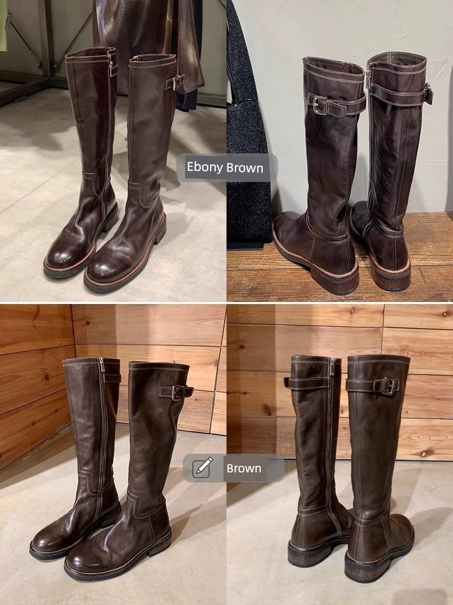 Genuine Leather Thick Sole Maillard Boots Women Fall New Knight Boots Retro Washed Cowhide Side Zipper High Leg Boot