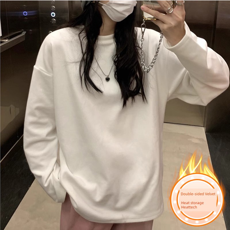 Plus size Dralon Double-sided Sanding Bottoming Shirt Women Autumn and Winter Thick Inner wear Solid Long sleeve Top Loose All-Matching T-shirt