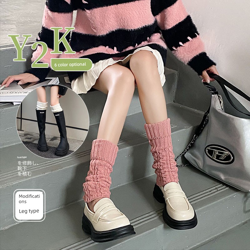 Gray Foot Sock Women Autumn and Winter Pile Socks Japan fashion Knitted Leg Warmer Y2g Spring and Autumn Calf Flanging Twist Stripe Socks