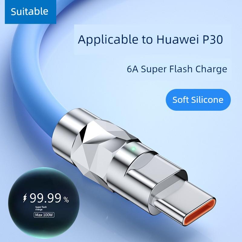 Suitable for 120W Zinc Alloy 6A for Huawei P30 Charging Cable Fast Charging Mate40 Data Cable Mobile Phone Typec Long Nova7pro Charging Cable Super Flash Charging Machine Customer Line TPC Neutral 2