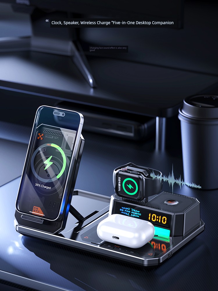 New Arrival All-in-One Wireless Charger Mobile Desktop Stand Watch Headset Wireless Charger Base Ambience Light Bluetooth Speaker 5-in-1 for Apple Huawei Xiaomi Phone Qixi Gift