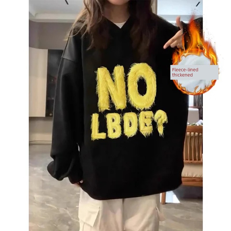 American High Street Fashion Brand Letter Flocking Embroidery Hoodie Women Autumn and Winter Loose Top Retro Couple Outerwear