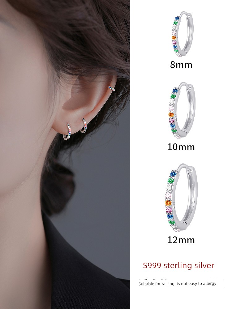 Accessible Luxury 999 Sterling Silver Women's Sleep No Need to Take off Earrings Colorful Crystals