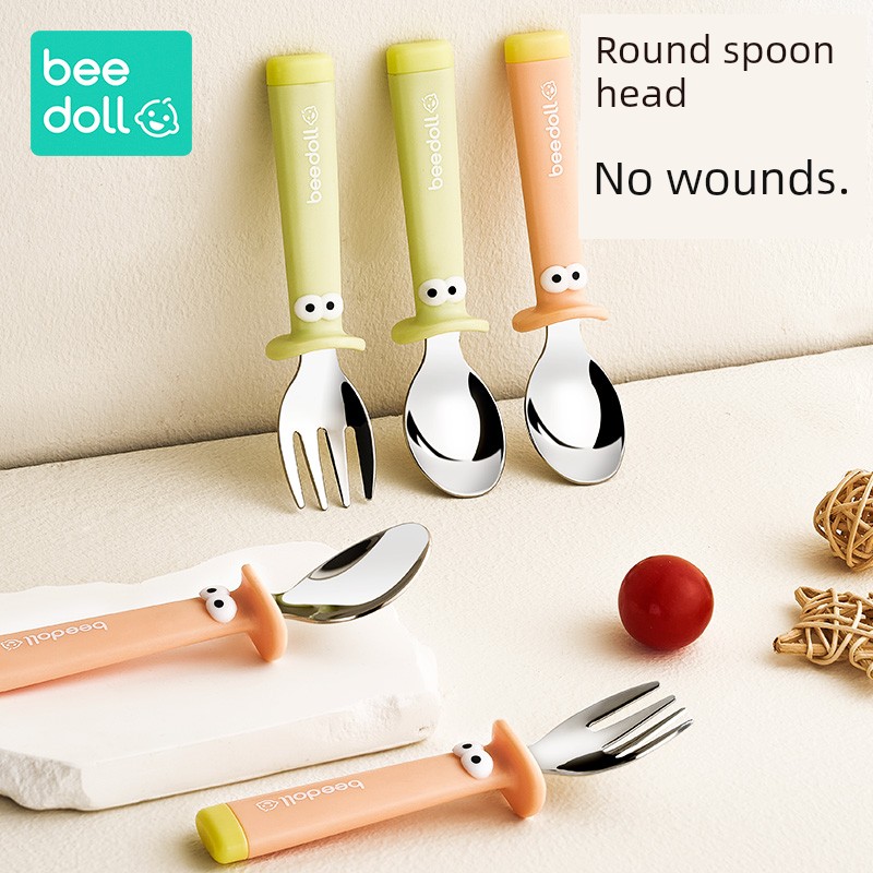 Beibiao Baby Self-Eating Food Supplement Spoon Long Handle Stainless Steel Fork Spoon Baby Eat Learning Kids Tableware Special