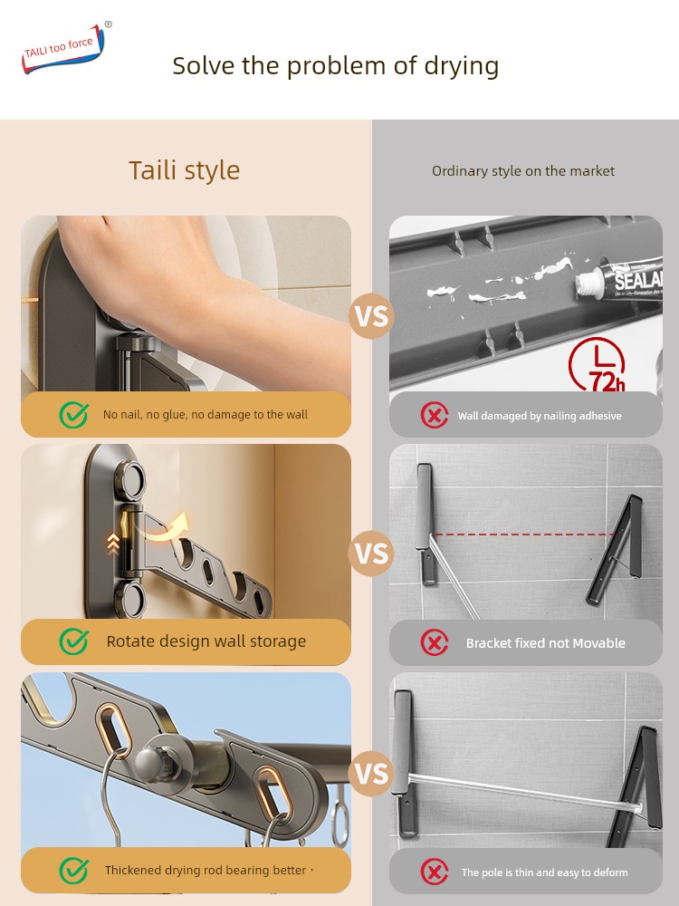 Taili Suction Cup Foldable Invisible Clothes Hanger Side Mounted Floating Window Balcony Wall-Mounted Punching-Free Clothes Fantastic Rack Clothing Rod