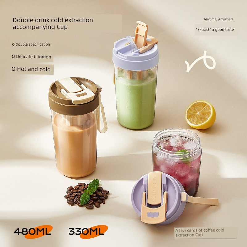 Double Drink Cold Extract Portable Cup Coffee Cute Cup with Straw Direct Drink Dual-Use Plastic Cup Student High Temperature Resistant Cup