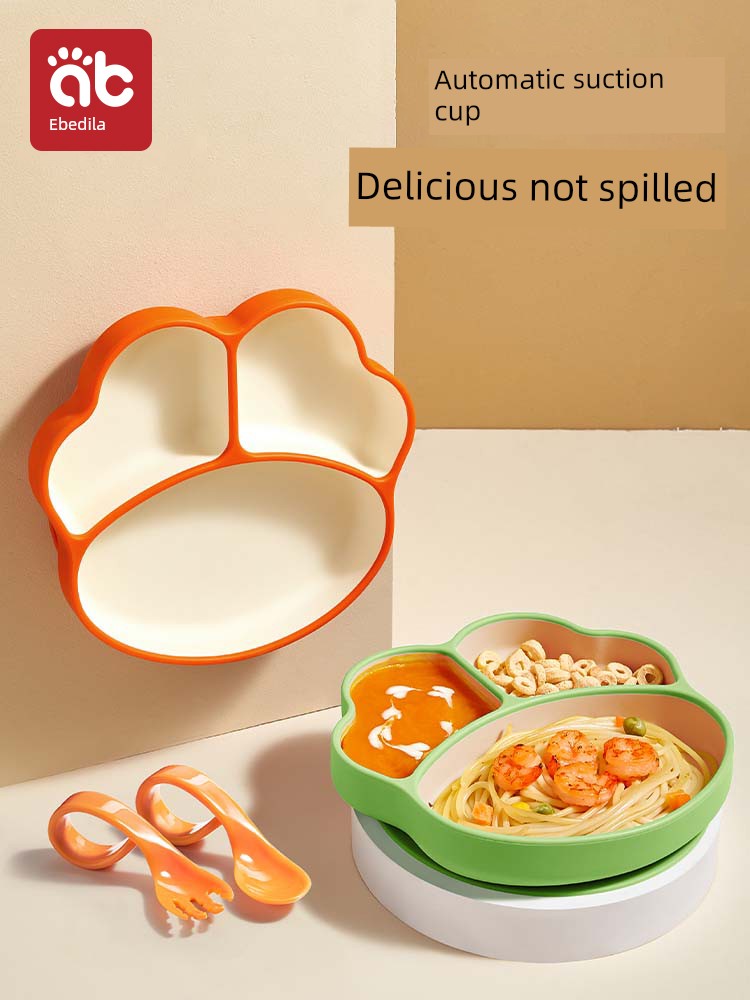 Baby Plate Compartment Tray Suction Cup Integrated Baby Food Supplement Learn to Eat Training Spoon Silicone Bowl Children's Tableware Set