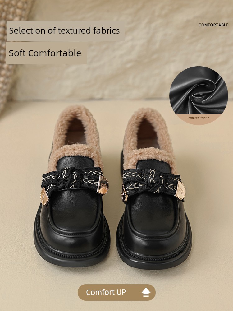 Black plus Velvet Loafers Women's 2024 New Arrival Autumn and Winter Cotton Shoes Retro Platform Stuffed Flats British Style Leather Shoes
