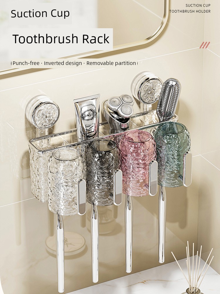 Colorful Suction Cup Handle Toothbrush Holder Rack Punch-Free Gargle Cup Toothpaste Holder Wall-Mounted Bathroom For Home