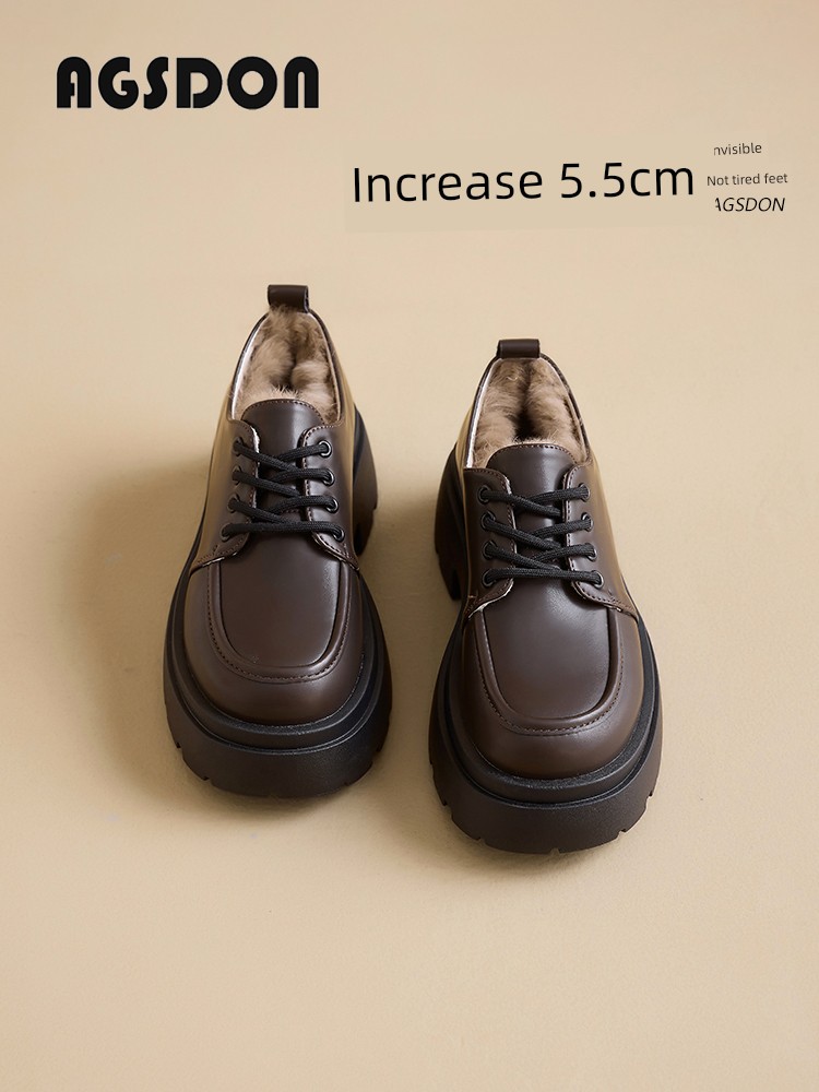 Augusto Fleece-Lined Leather Shoes Women's Fall and Winter 2024 New Arrival Thick Sole Brown Loafers Work Clothing British Style Single-Layer Shoes