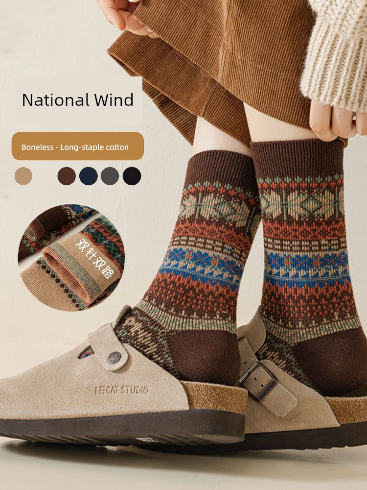 Women's Socks Autumn and Winter Cotton Mid-Calf Length Double Needle Women's Japanese-Style Retro Ethnic Style Trendy Stockings 2025 New Arrival