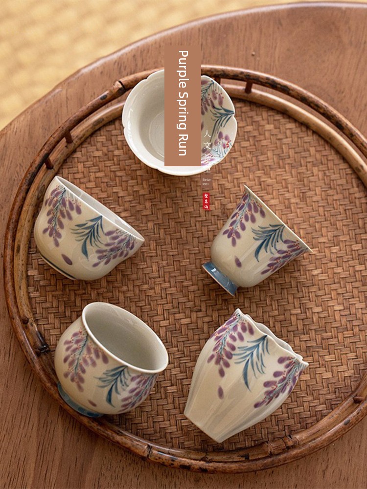 Jojo's L. Pd. Ziquan Jian. Hand Painted Wisteria Flower Tea Cup Single Cup Underglaze Color Grass Gray For Home | Display Board