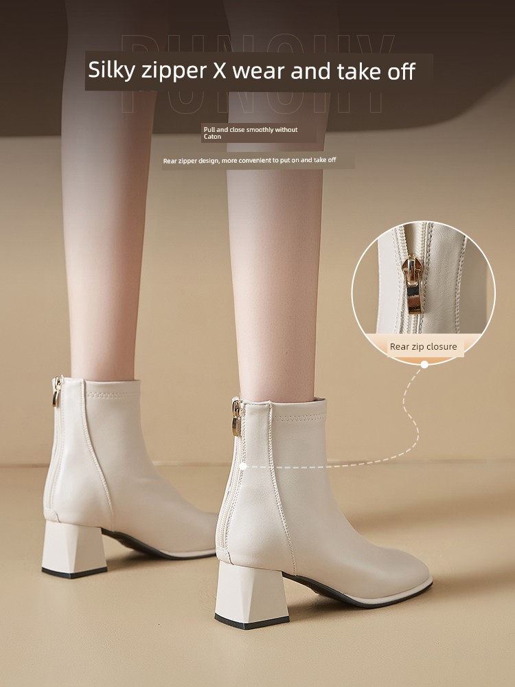 Augusto White Ankle Boots Women 2024 New Autumn Small Chunky Heel Thin Boots French style High Heel Boots
