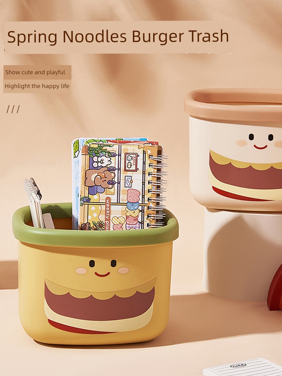 Desktop Hamburger Trash Can Multifunctional Bedroom Mini Waste Bin Cute Cartoon Student Desk Sundries Storage Bucket