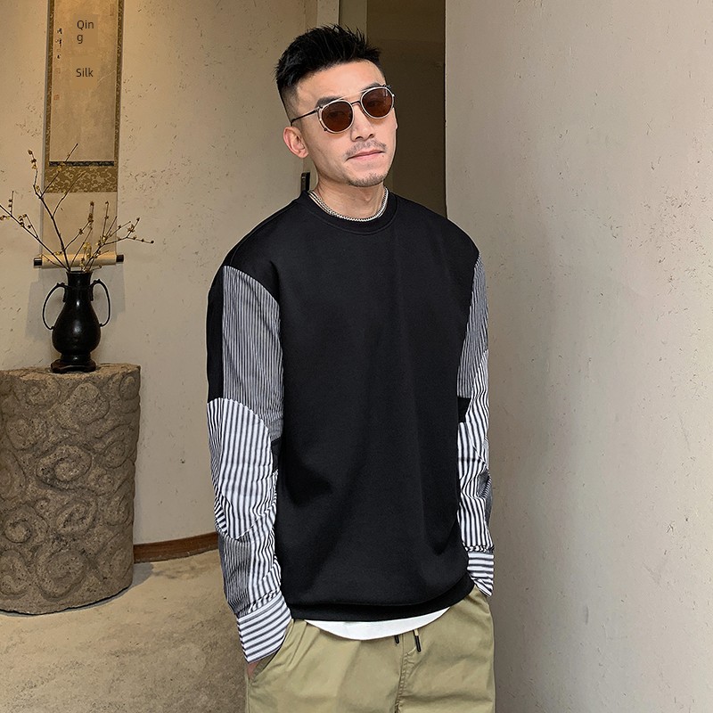 Uncle Bar Spring and Autumn Men Stripes Patchwork Sweater Fake Two-Piece Loose-Fitting Casual round-Neck Pullover Jacket Trendy