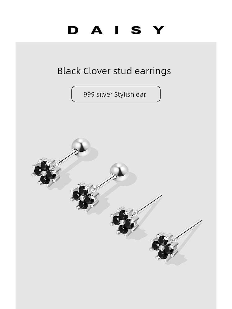 999 Sterling Silver Black Diamond Four Leaf Clover Ear Stud Female Niche Temperament Ear-Caring Small Earrings Screw Tightening Buckle Earrings