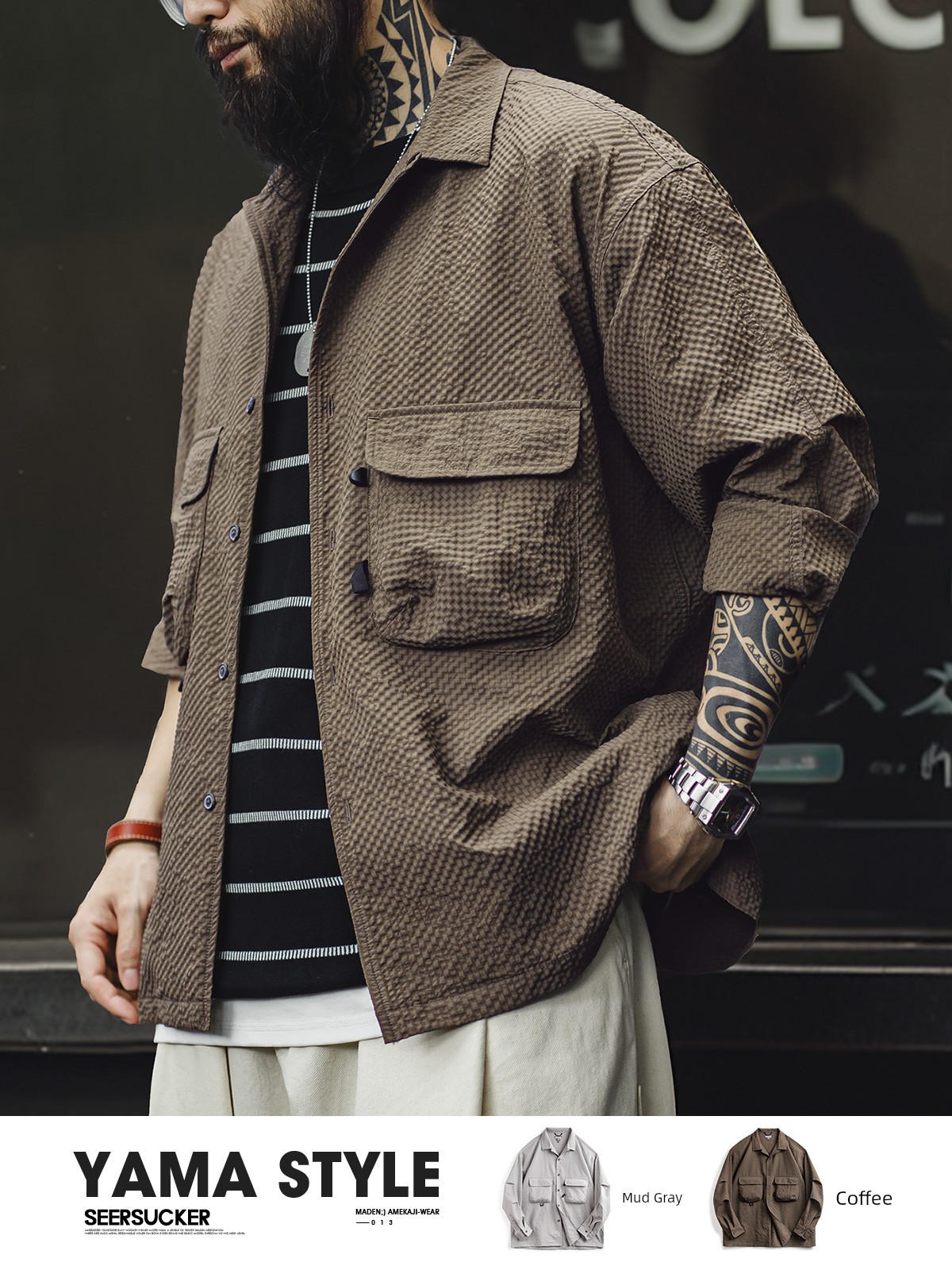 Madden Cargo Mountain Outdoor Cuban Collar Seersucker Long sleeve Shirts Non-Ironing Anti-Wrinkle Pocket Thin Shirt for Men Summer and Autumn