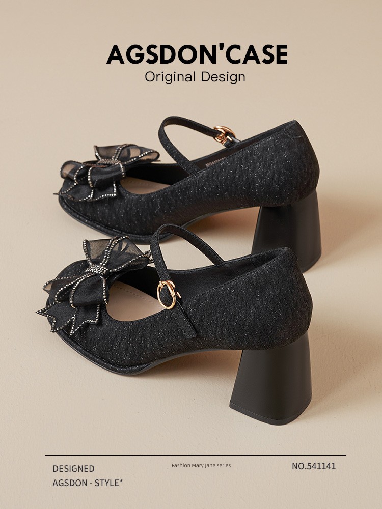 French Hepburn Style Mary Jane Shoes Women's 2024 New Arrival Spring/Summer Bows High Heel Small Leather Shoes Chunky Heel Low-Cut Shoes