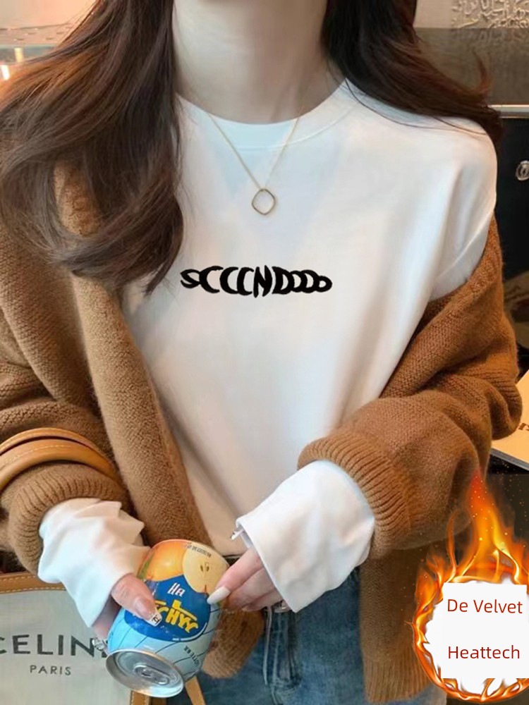 2025 New Arrival White Long Sleeve T-shirt Women's Loose Underwear Crew Neck plus Houde Velvet Bottoming Shirt Autumn Winter Coat Tide