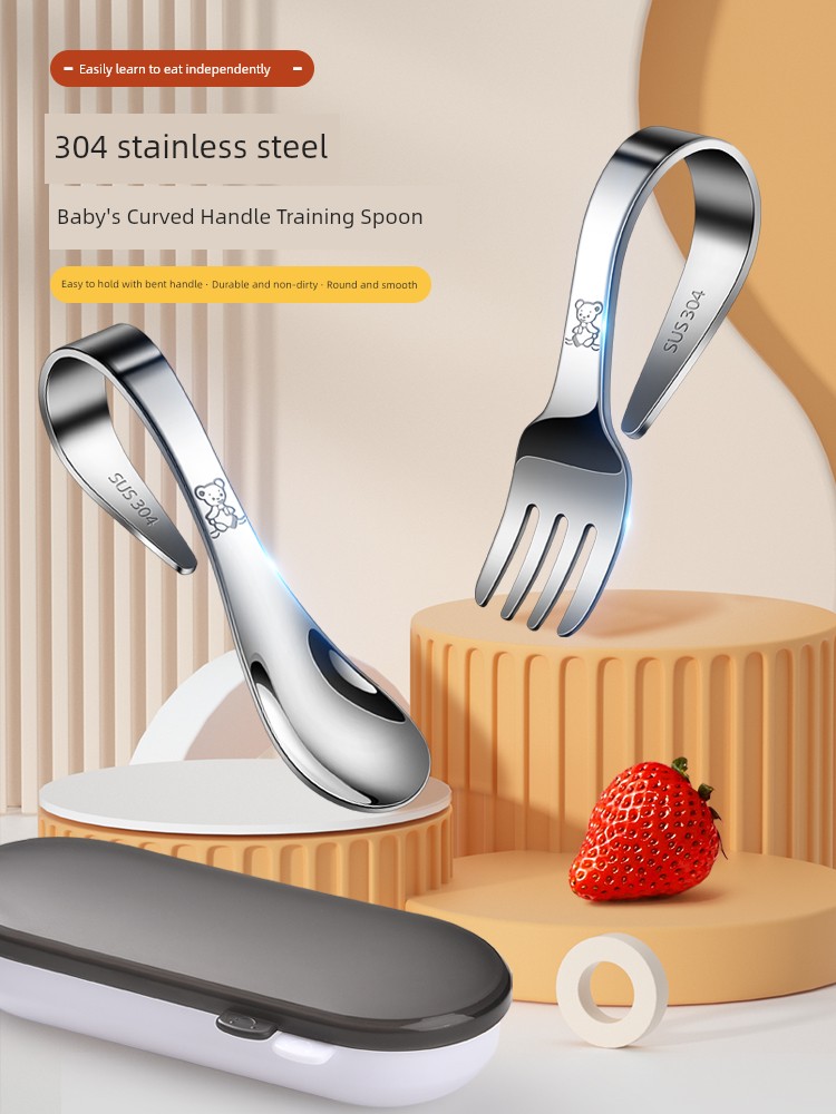 Self-Eating One-Year-Old Food Supplement Spoon Baby Eat Learning Training Kids Silicone Stainless Steel Fork Spoon Baby Short Handle