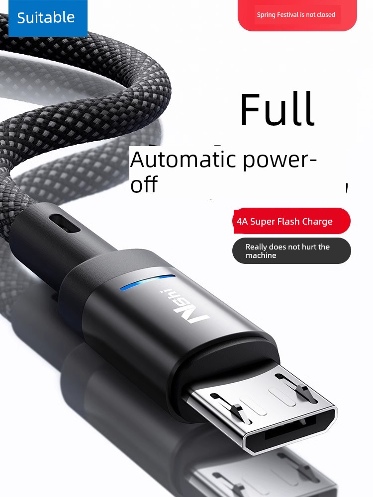 Applicable to Automatic Power off Android Data Cable Flash Charge for Huawei Vivo Xiaomi Oppo Fast Charge 9A Old Style Long Mobile Phone Micro Neutral USB Charger Head Port Power Bank Line Bluetooth