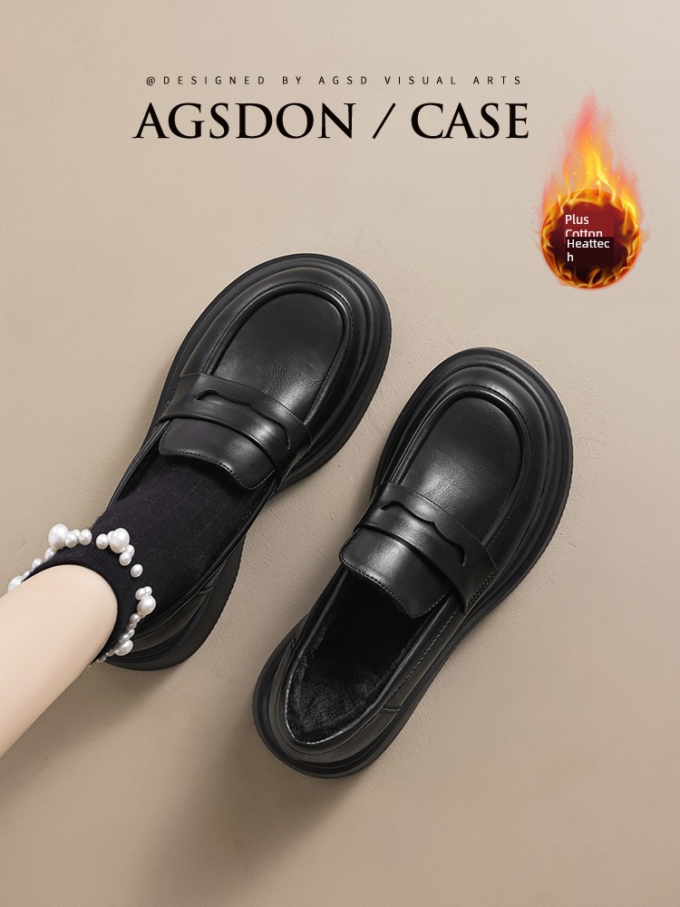 Augusto Platform Loafers Women's 2024 New Arrival Fall and Winter Cotton-Padded Shoes with Velvet Work Clothing Shoes Black Leather Shoes