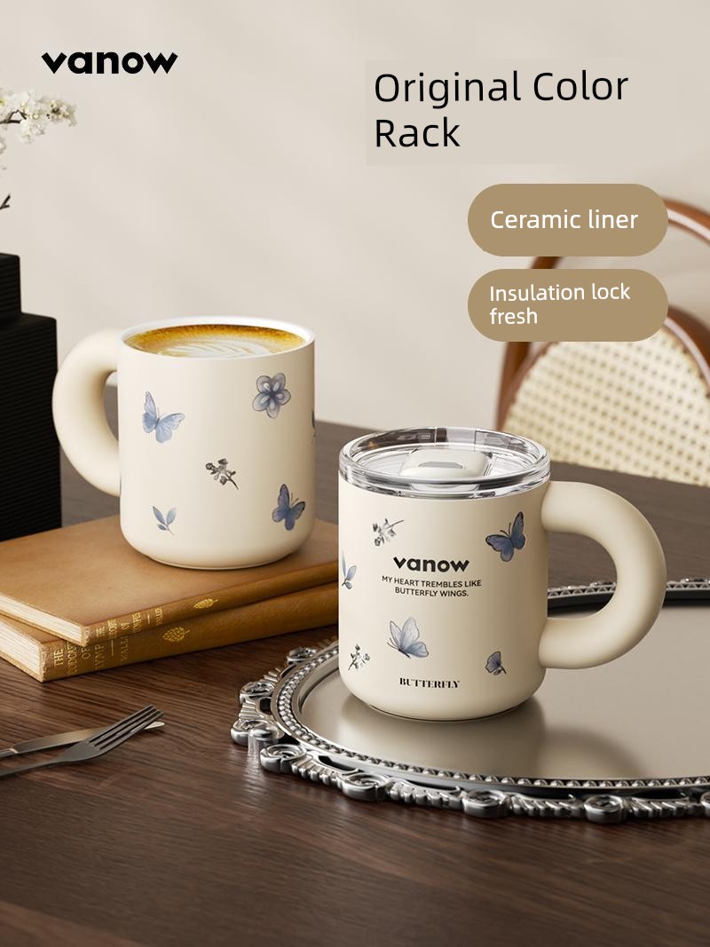 Vanow Butterfly Ceramic Inner Pot Mug with Lid Girl Good-looking 2024 New Arrival Coffee Cup Tea Brewing Water Cup
