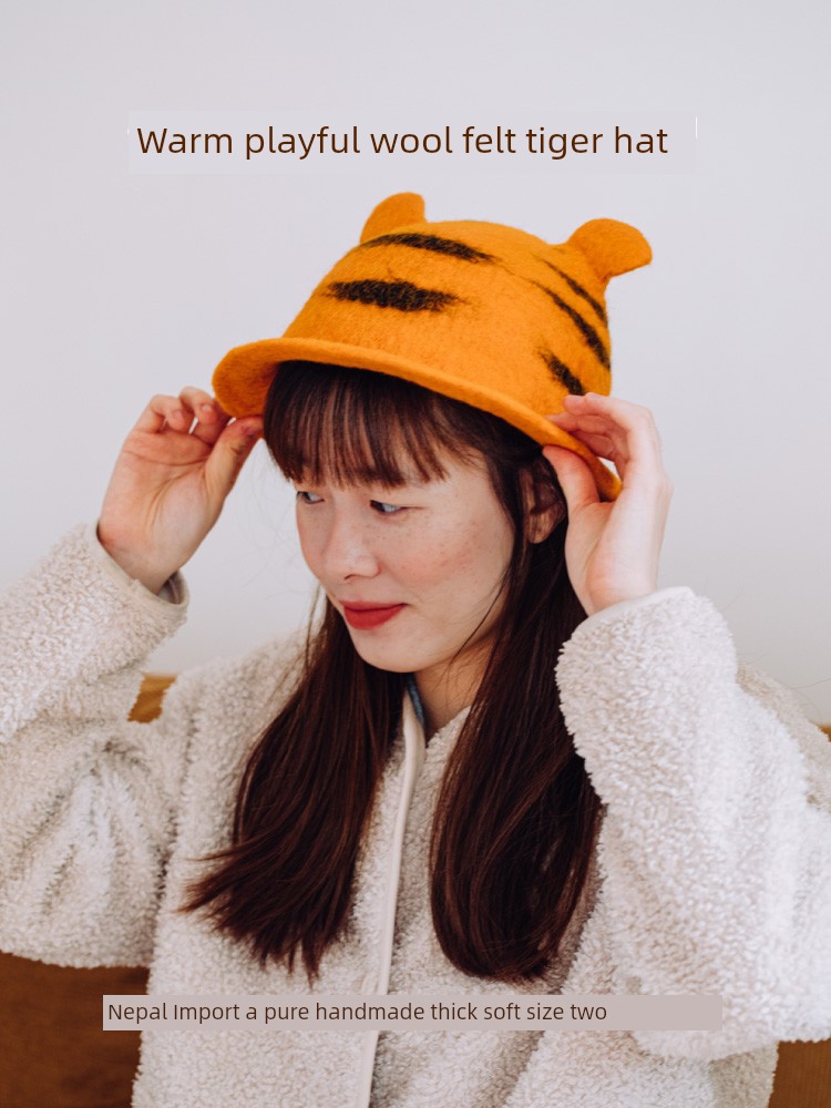 Tree Wool Felt Tiger Hat Japanese Cute Bucket Hat Bucket Hat Matching Couples' Cap Heattech Tiger Year Gift