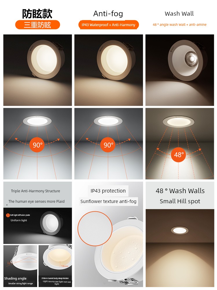 Bull Anti-Glare LED Downlight Embedded 75mm For Home Hole Lamp Living Room Corridor Aisle Light Three-Color Barrel of Light Hole Lamp