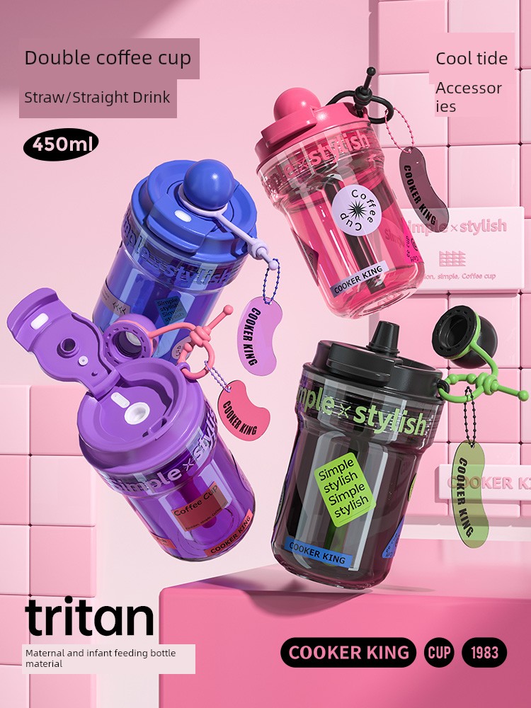 Cooker King Cup with Straw Tritan Plastic Female Good-looking Portable Coffee Cup Summer Student Accompanying Drinking Cup