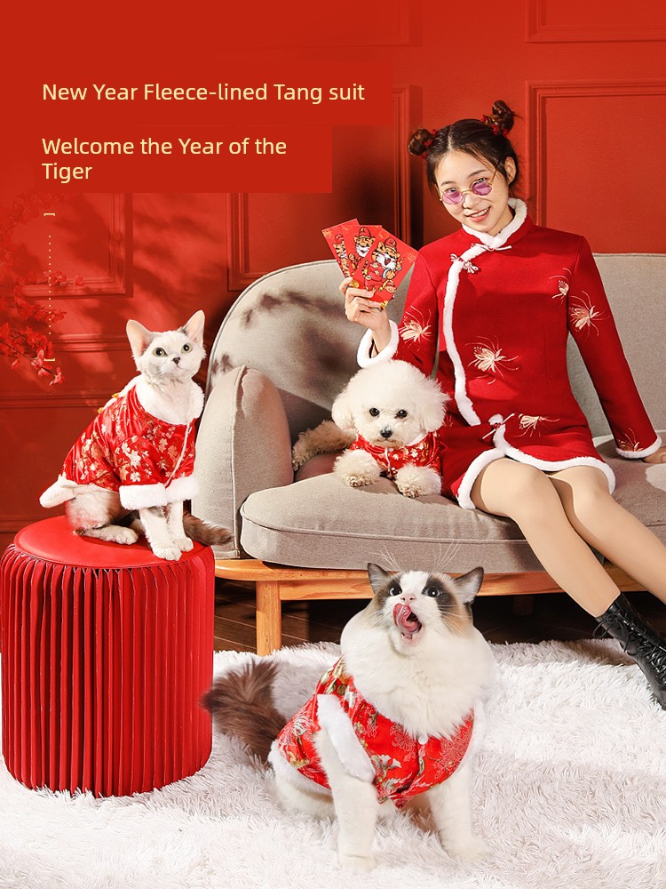 Cat Clothes New Year Pet Tang Suit Kittens Muppet Chinese New Year Celebration Joyous Cat Winter New Year Four Feet Winter Clothes Cute