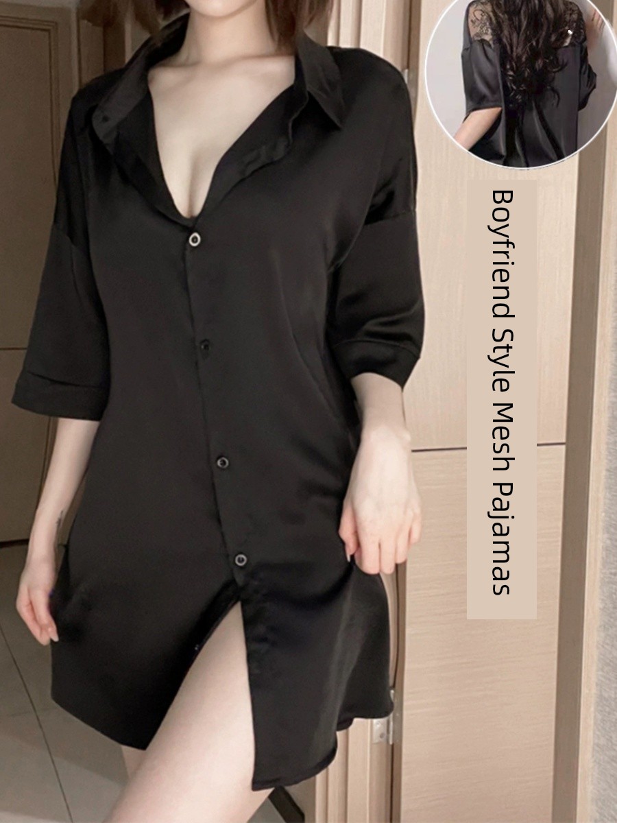 Boyfriend Style Shirt Pajamas for Women Lace Cut Out 2025 Summer New Arrival Loose Ice Silk Nightdress Homewear Suit