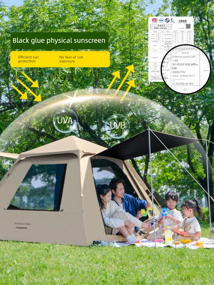 Primitive Man Equipped with Full Set of Vinyl Automatic Tent Outdoor