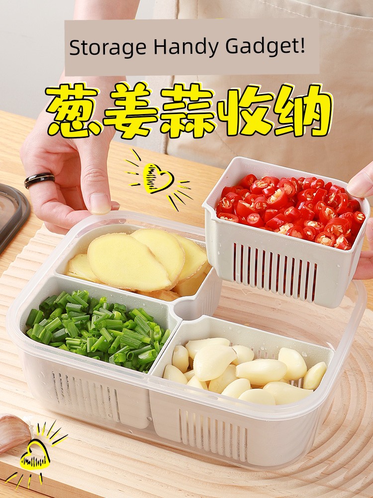 Kitchen Onion Ginger Garlic Storage Box Refrigerator Chopped Green Onion Crisper Draining round Box Food Fruit Food Special Seal