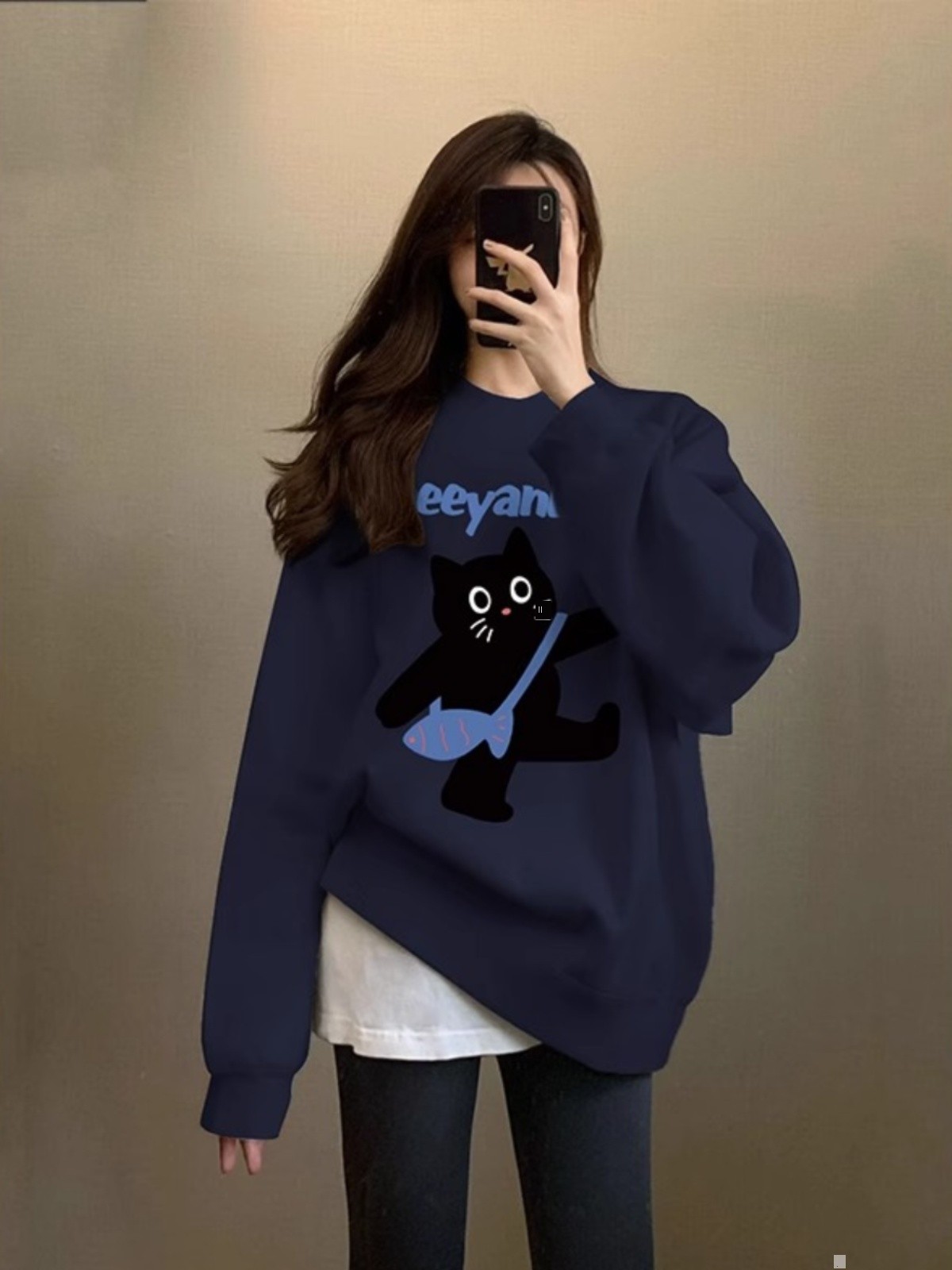 Dark Blue Fleece-lined Thickened Oversize round Neck Hoodie Idle Style Cute Cat Print Loose All-Match Top