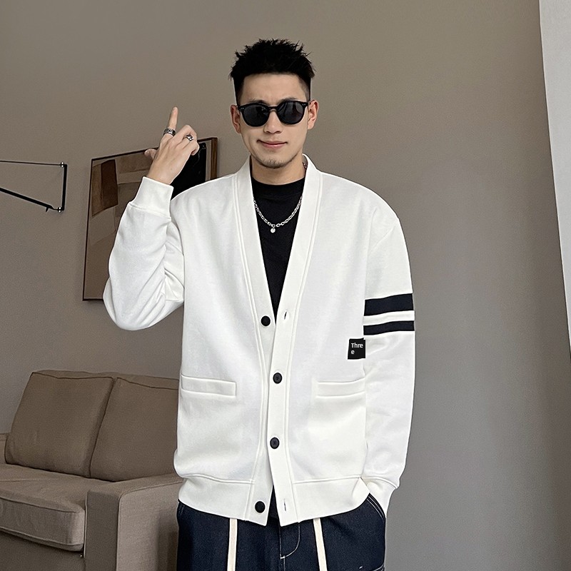 Uncle Bar Handsome V-neck Casual Jacket Men's Spring and Autumn K-style Striped All-Matching American Fashion Brand Loose Top Coat