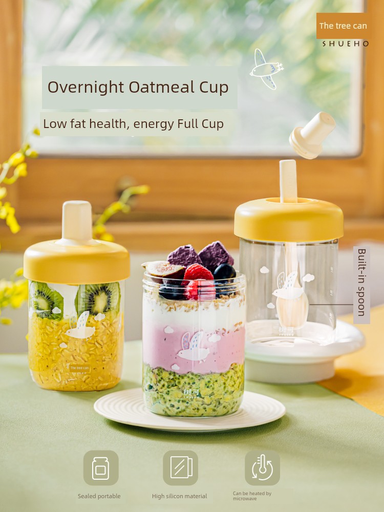 Tree Can Be Overnight Oatmeal Glass Yogurt Breakfast Portable Microwaveable with Spoon Lid Oatmeal Cup Milk Fruit Bowl
