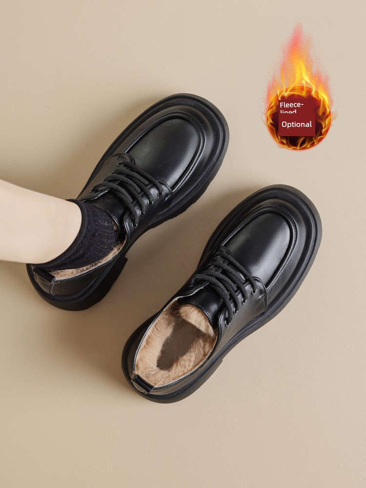 Fleece-Lined Leather Shoes Women's 2024 New Arrival Fall and Winter Black Fur Snow Boots Thick Cotton Shoes Platform Loafers Ankle Boots