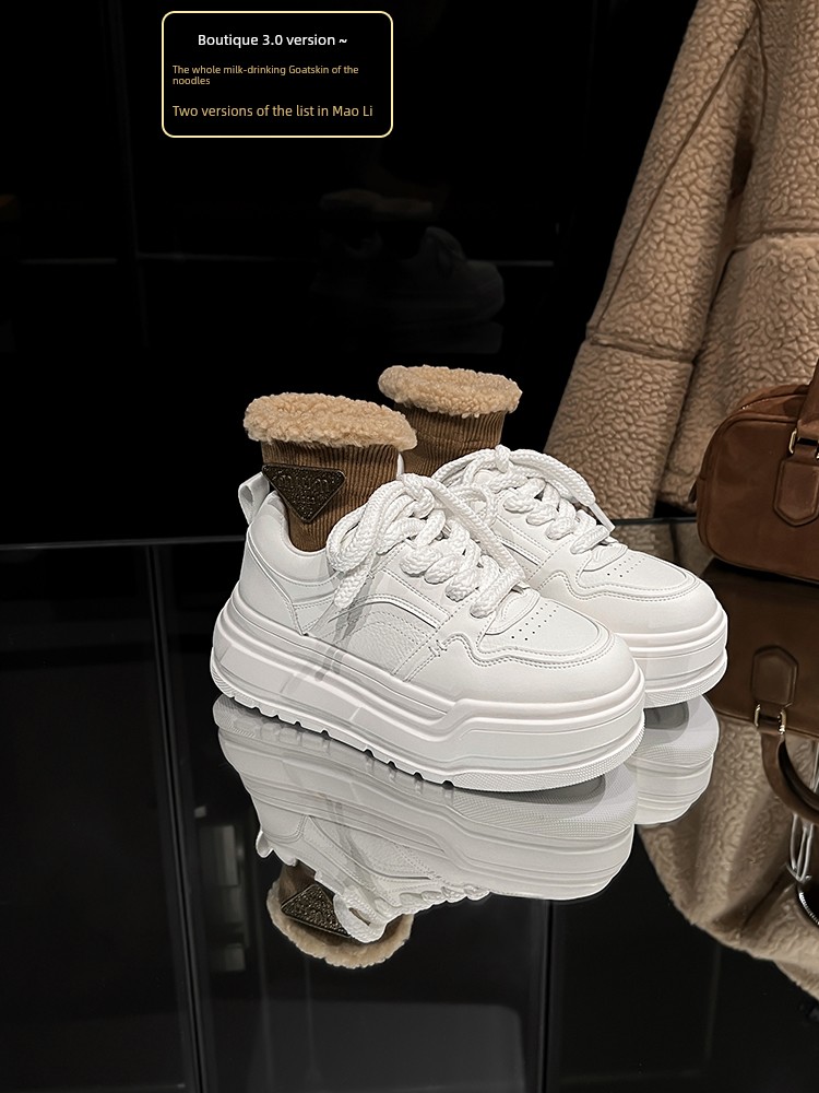 Drinking Milk Goatskin ~ Uncle's Height Increasing Fleece-lined Heattech White Shoes Women's 2024 Winter New Arrival Thick Sole Easiest for Match Casual Shoes