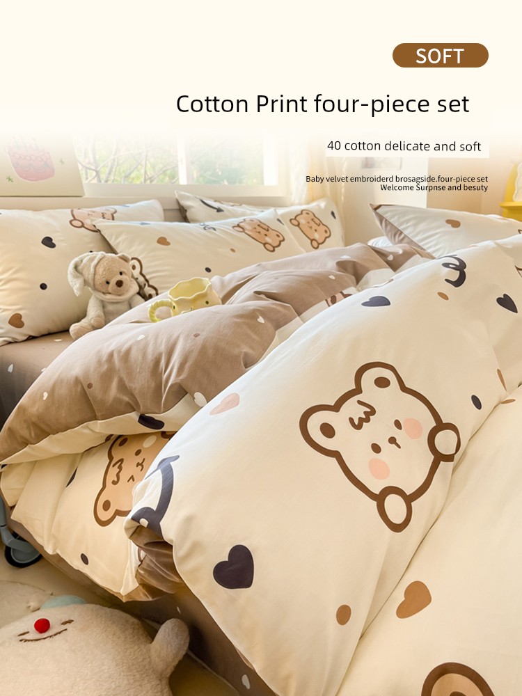 All 100 Pure Cotton Four-Piece Set 2025 New Arrival Kids Dorm Bedding Bed Sheet Fitted Sheet Single Quilt Cover Cover 3
