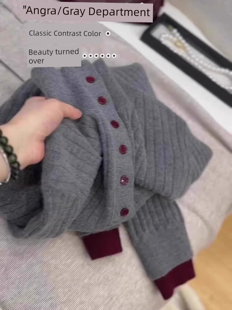 Recommendable! European Goods New Fancy Gray Cashmere Sweater Women's Contrast Color Ankela Red Knitwear